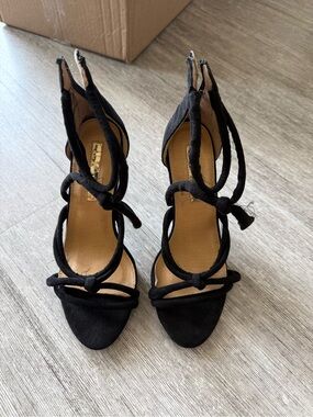 Black Lace-Up Suede Women's High Heel Sandals